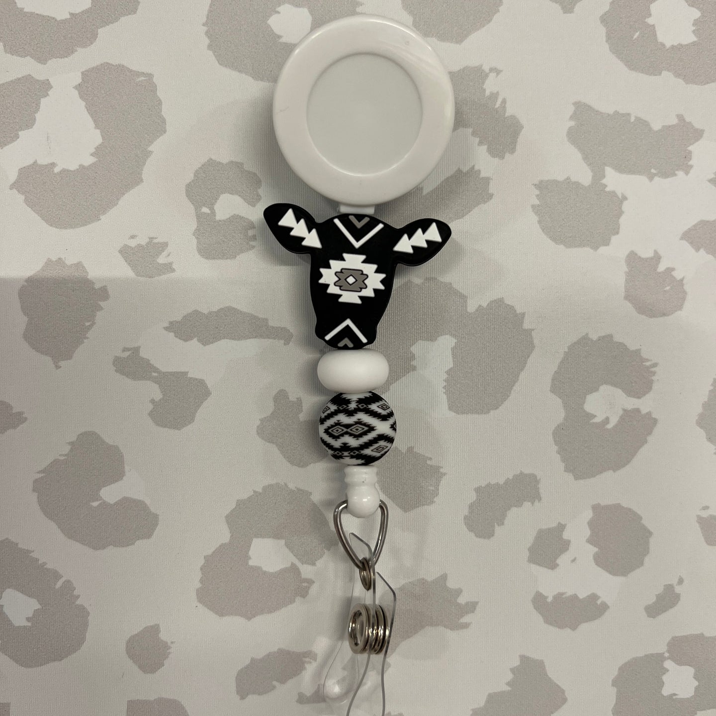 B&W Aztec Cow Badge Reel